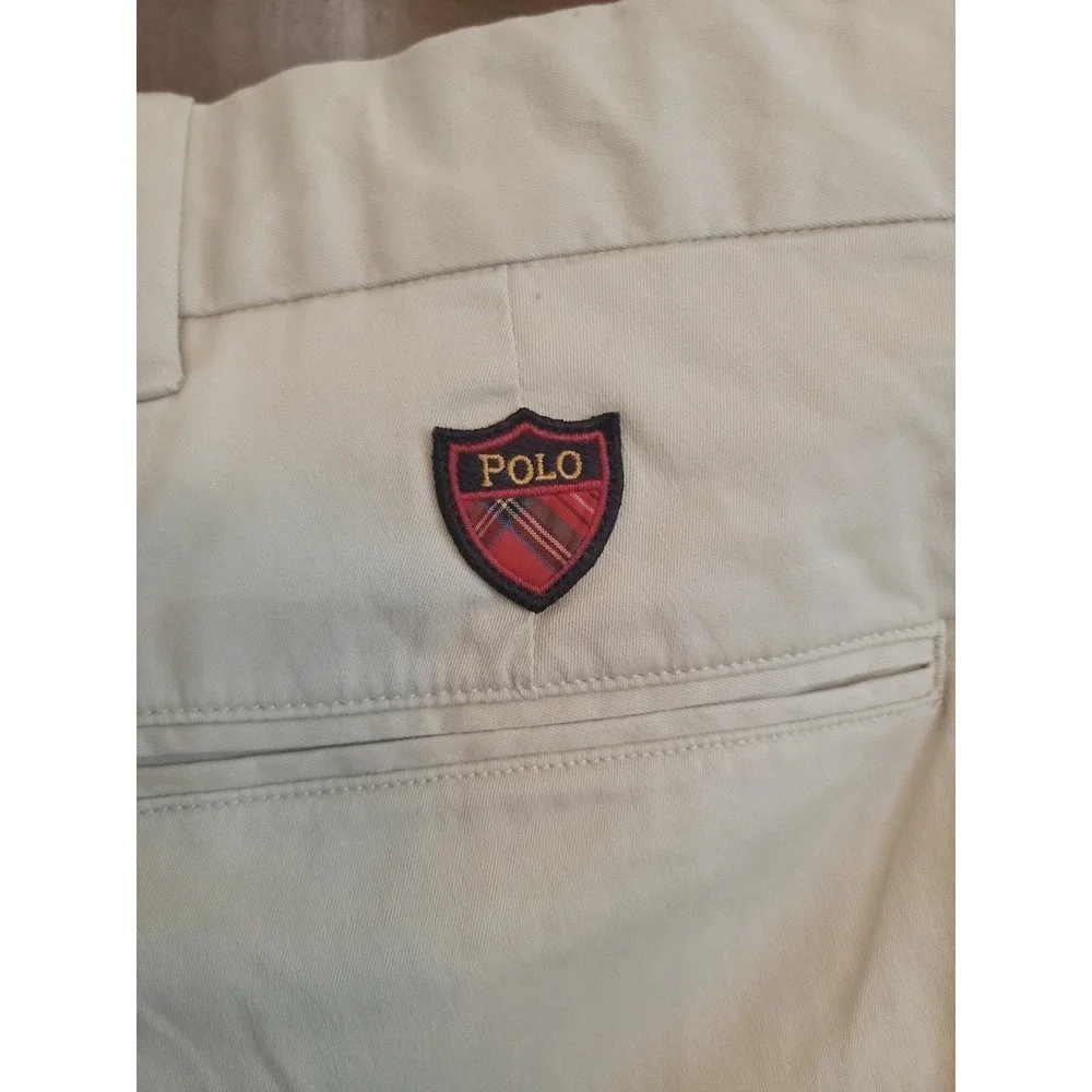 Polo Ralph Lauren Mens Pleated Chino Shorts Khaki Tan Plaid Shield Patch 36